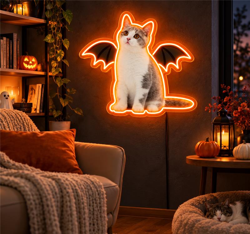 Halloween Bat Wing Cat UV Neon Sign – Pet Portrait Wall Decor