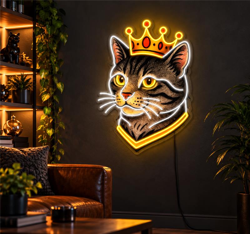 Royal Cat UV Neon Sign – Crown Pet Portrait Wall Decor