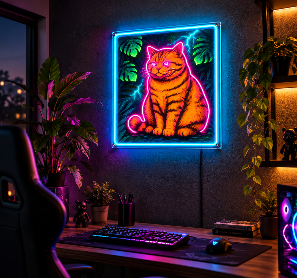 Colorful Orange Cat UV Neon Sign – Pet Portrait Wall Decor