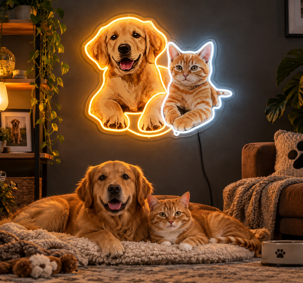 Dog & Cat UV Neon Sign – Cute Pet Portrait Wall Decor