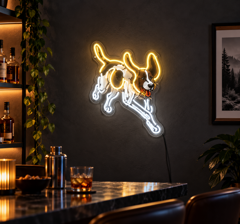 Running Dog UV Neon Sign – Playful Pet Portrait Wall Decor