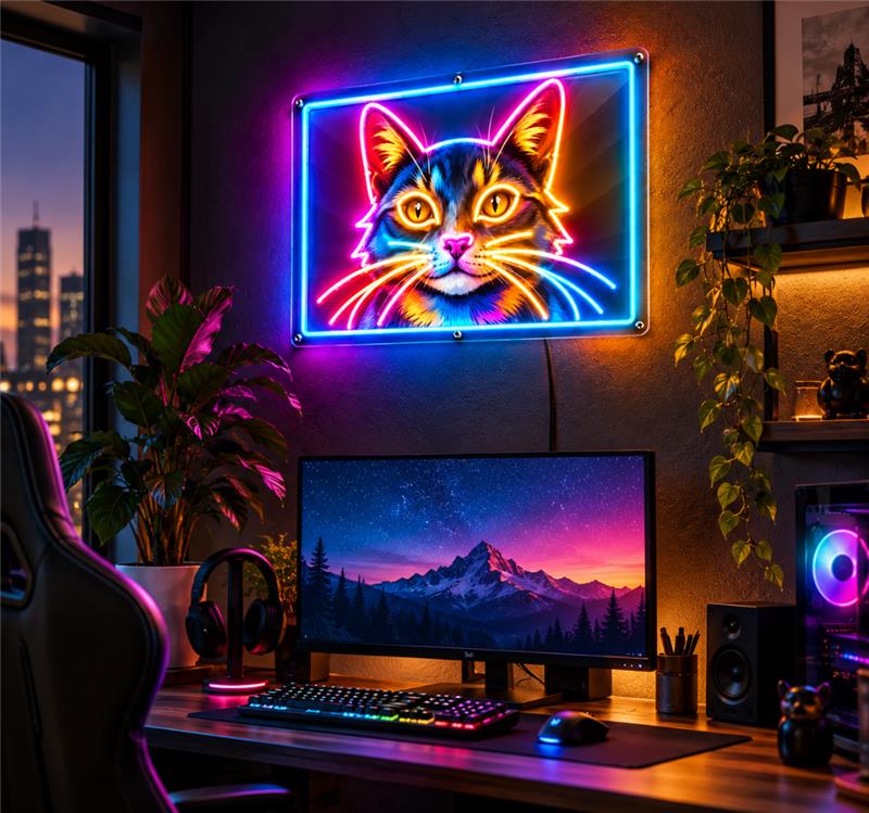 Colorful Cat UV Neon Sign – Pet Portrait Wall Decor