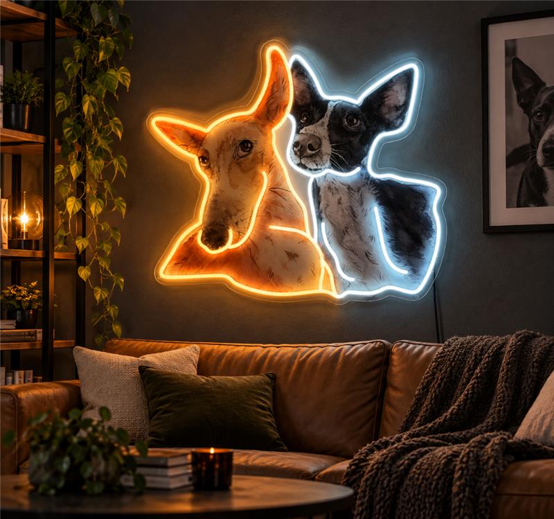 Dual Dog Portrait UV Neon Sign – Custom Pet Wall Decor